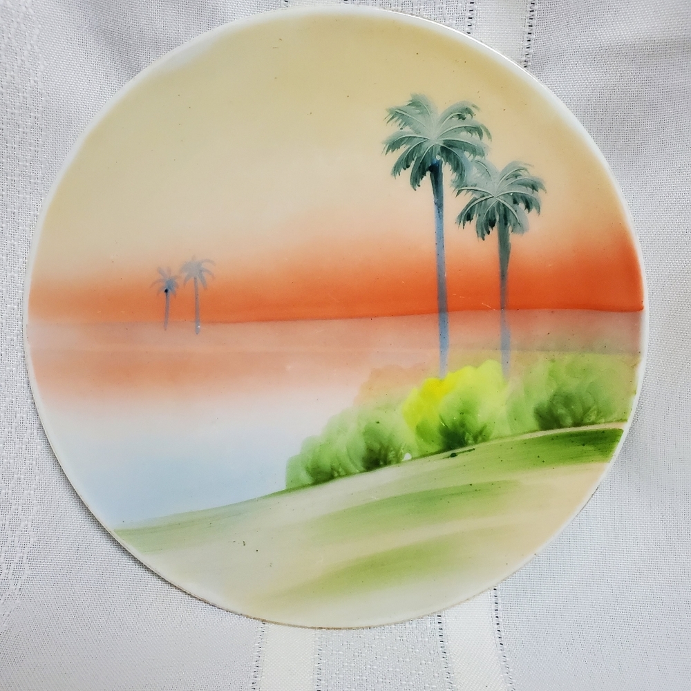 Vintage Nippon Handpainted Art Plate Tropical California Sunset Palm Tre…